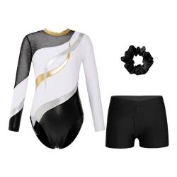 Oyolan Mädchen Kinder Gymnastikanzug Turnanzug Glitzernde Gymnastikbody Langarm Turntrikot mit Kurze Hose Tanzkostüm Weiß schwarz B 146-152 von Oyolan