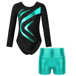 Oyolan Mädchen Kinder Gymnastikanzug Turnanzug Glitzernde Gymnastikbody Langarm Turntrikot mit Kurze Hose Tanzkostüm Z Blau Grün 146-152 von Oyolan