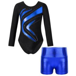 Oyolan Mädchen Kinder Gymnastikanzug Turnanzug Glitzernde Gymnastikbody Langarm Turntrikot mit Kurze Hose Tanzkostüm Z Königsblau 146-152 von Oyolan