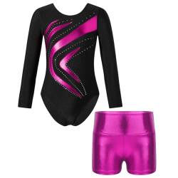 Oyolan Mädchen Kinder Gymnastikanzug Turnanzug Glitzernde Gymnastikbody Langarm Turntrikot mit Kurze Hose Tanzkostüm Z Rose 134-140 von Oyolan