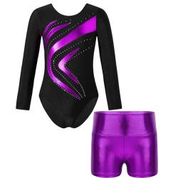 Oyolan Mädchen Kinder Gymnastikanzug Turnanzug Glitzernde Gymnastikbody Langarm Turntrikot mit Kurze Hose Tanzkostüm Z Violett 158-164 von Oyolan