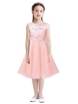 Oyolan Mädchen Kleid Festlich Hochzeit Kleid Blumenmädchen Kleid Geblümt Spitzen Kinder Chiffon Kleid Elegant Prinzessin Kleid Gr.92-176 Rosa 104 von Oyolan