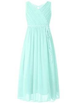 Oyolan Mädchen Kleider Prinzessin Festliches Ärmellos Kleider V-Ausschnitt Ballkleid mit Perlen Cocktailkleid Elegant Langes Abendkleid Mintgrün 146-152 von Oyolan