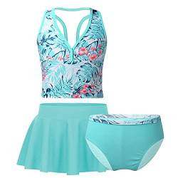 Oyolan Mädchen Tankini Set 3tlg. Badeanzug Bade Set Schwimmanzug Kinder Badebekleidung Set Bikini Set Badeshirt Baderock Badeslip für 3-14 Jahre A Grün 122-128 von Oyolan