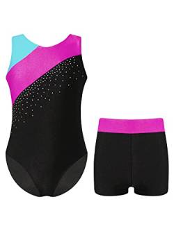 Oyolan Mädchen Turnanzug Ärmellos Balletttrikot Patchwork Gymnastik Strasss Leotards Tanzbody mit Shorts Trikotanzug Tanzkostüm T Hot Pink 146-152 von Oyolan