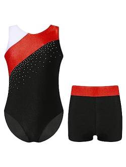 Oyolan Mädchen Turnanzug Ärmellos Balletttrikot Patchwork Gymnastik Strasss Leotards Tanzbody mit Shorts Trikotanzug Tanzkostüm T Rot 134-140 von Oyolan