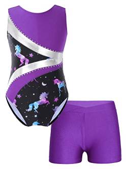 Oyolan Mädchen Turnanzug Ärmellos Balletttrikot Patchwork Gymnastik Strasss Leotards Tanzbody mit Shorts Trikotanzug Tanzkostüm Violett 134-140 von Oyolan