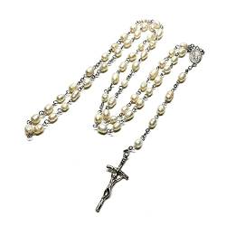 Oyrcvweuylx2 Katholische Perlenperlen-Rosenkranz-Halsketten mit Kruzifix-Kreuz-Medaillen, lange Kette, Gebetsgeschenk für Frauen, Modeschmuck von Oyrcvweuylx