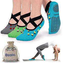 Ozaiic Yoga Socken rutschfeste für Damen für Pilates, Barre, Ballett, Tanz (EUR 35-41, 3 Paar - Grün/Grau/Blau) von Ozaiic