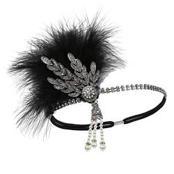 P Prettyia 20er Jahre Haarband, Feder Strass Perlen Gatsby Stirnband Flappers, Federstirnband, Vintage Kopfband Gatsby, Damen Retro Cocktail Kopfschmuck - Schwarzes Silber von P Prettyia