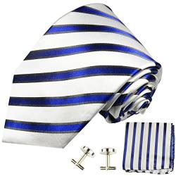 Paul Malone Herren Krawatte blau gestreift Set 3tlg - 100% Seide - Blaue Seidenkrawatte mit Einstecktuch und Manschettenknöpfe von P. M. Krawatten