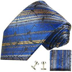 Paul Malone Herren Krawatte blau gold gestreift Set 3tlg - 100% Seide - Dunkelblaue Seidenkrawatte mit Einstecktuch und Manschettenknöpfe von P. M. Krawatten