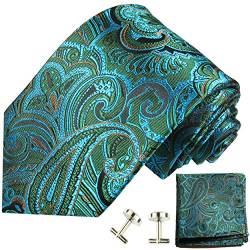 Paul Malone Herren Krawatte blau grün paisley Set 3tlg - 100% Seide - Blaue Seidenkrawatte mit Einstecktuch und Manschettenknöpfe von P. M. Krawatten