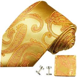 Paul Malone Herren Krawatte gold paisley Set 3tlg - 100% Seide - Goldene Seidenkrawatte mit Einstecktuch und Manschettenknöpfe von P. M. Krawatten