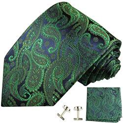 Paul Malone Herren Krawatte grün blau paisley Set 3tlg - 100% Seide - Grüne Seidenkrawatte mit Einstecktuch und Manschettenknöpfe von P. M. Krawatten
