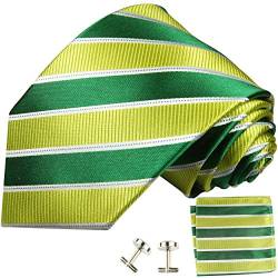 Paul Malone Herren Krawatte grün gestreift Set 3tlg - 100% Seide - Grüne Seidenkrawatte mit Einstecktuch und Manschettenknöpfe von P. M. Krawatten
