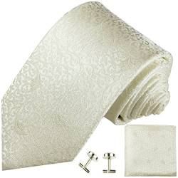 Paul Malone Herren Krawatte ivory Set 3tlg - 100% Seide - Ivory Seidenkrawatte mit Einstecktuch und Manschettenknöpfe von P. M. Krawatten