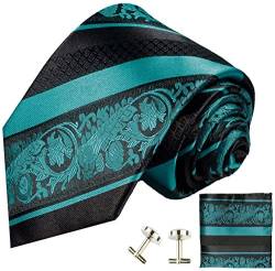 Paul Malone Herren Krawatte petrol blau schwarz barock gestreift Set 3tlg - 100% Seide - Blaue Seidenkrawatte mit Einstecktuch und Manschettenknöpfe von P. M. Krawatten