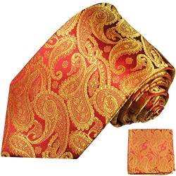 Paul Malone Herren Krawatte rot gold paisley Set 3tlg - 100% Seide - Rote Seidenkrawatte mit Einstecktuch und Manschettenknöpfe von P. M. Krawatten