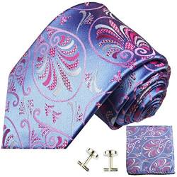 Paul Malone Krawatte blau pink geblümt Set 3tlg - 100% Seide - Blaue Seidenkrawatte mit Einstecktuch und Manschettenknöpfe von P. M. Krawatten