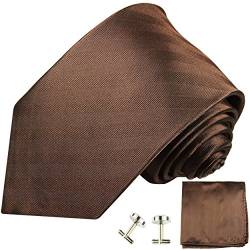 Paul Malone Krawatte braun uni Set 3tlg - 100% Seide - Braune Seidenkrawatte mit Einstecktuch und Manschettenknöpfe von P. M. Krawatten