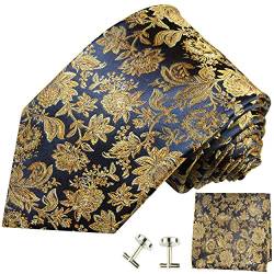 Paul Malone Krawatte extra lang schmal blau gold floral Seide Set 3tlg - Schmale extra lange Krawatte 165cm mit Einstecktuch und Manschettenknöpfe von P. M. Krawatten