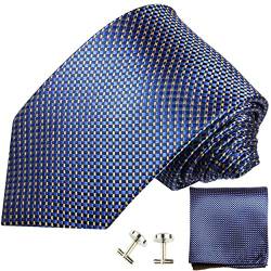 Paul Malone Krawatte schmal blau kariert Set 3tlg - 100% Seide - Schmale Krawatte 6cm mit Einstecktuch und Manschettenknöpfe von P. M. Krawatten