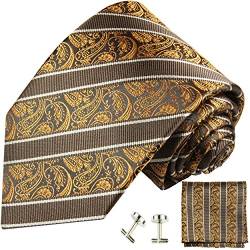 Paul Malone Krawatte schmal braun paisley gestreift Set 3tlg - 100% Seide - Schmale Krawatte 6cm mit Einstecktuch und Manschettenknöpfe von P. M. Krawatten