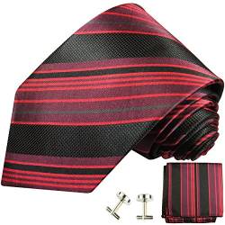 Paul Malone Krawatte schmal rot schwarz gestreift Set 3tlg - 100% Seide - Schmale Krawatte 6cm mit Einstecktuch und Manschettenknöpfe von P. M. Krawatten