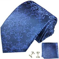 Paul Malone Krawatte schmal royal blau barock Set 3tlg - 100% Seide - Schmale Krawatte 6cm mit Einstecktuch und Manschettenknöpfe von P. M. Krawatten