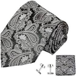 Paul Malone Krawatte schmal schwarz grau paisley Set 3tlg - 100% Seide - Schmale Krawatte 6cm mit Einstecktuch und Manschettenknöpfe von P. M. Krawatten