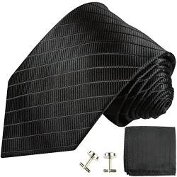Paul Malone Krawatte schwarz uni gestreift Set 3tlg - 100% Seide - Schwarze Seidenkrawatte mit Einstecktuch und Manschettenknöpfe von P. M. Krawatten