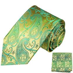 Paul Malone Seidenkrawatten Set 2tlg schmale 6cm Krawatte gold grün paisley + Einstecktuch (Normallange 150cm) von P. M. Krawatten