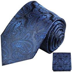 Paul Malone XL Designer Krawatte blau dunkelblau paisley Set 3tlg - 100% Seide - Extra lange Krawatte mit Einstecktuch und Manschettenknöpfe von P. M. Krawatten