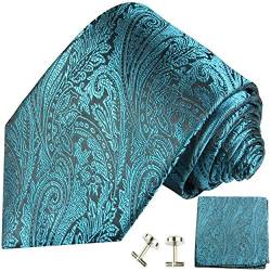 Paul Malone XL Krawatte schwarz aqua blau Set 3tlg - 100% Seide - Extra lange Designer Krawatte mit Einstecktuch und Manschettenknöpfe von P. M. Krawatten
