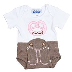P.Eisenherz Baby Body mit kurzem Arm im Lederhosen Look mit applizierter Brezel und Spatzerl Schriftzug von P.Eisenherz