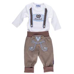 P.Eisenherz Trachten Set für Lausbuben im Geschenkkarton: Baby Body mit langem Arm und Applikation Hosenträger und Baby Jogginghose Lederhosen Look, braun (74) von P.Eisenherz