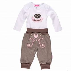 P.Eisenherz Trachten Set für Madln im Geschenkkarton: Baby Body mit langem Arm und Applikation ''Spatzerl'' und Baby Jogginghose im Lederhosen Look, braun von P.Eisenherz