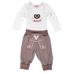 P.Eisenherz Trachten Set für Mädchen bestehend aus Baby Body mit langem Arm Motiv Brezel mit Stickerei Spatzerl und Baby Jogginghose Lederhosen Look, braun/pink - EIN tolles Geschenk von P.Eisenherz