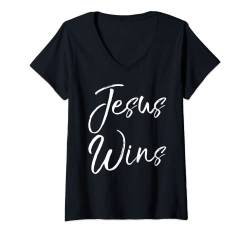 Damen Christian Salvation Quote Christianity Gift Cute Jesus Wins T-Shirt mit V-Ausschnitt von P37 Design Studio Jesus Shirts