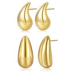 PABBEU 2 Paar Waterdrop Dupes Ohrringe Set Goldene Ohrringe Damen Hypoallergen Chunky Gold Ohrringe Damen Vergoldete Waterdrop Ohrringe für Damen Mädchen von PABBEU