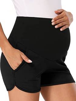 PACBREEZE Damen Schwangerschaftsshorts über Bauch Lounge Pyjama Workout Laufen Casual Sommer Schwangerschaft Shorts, A01: Schwarz, Groß von PACBREEZE