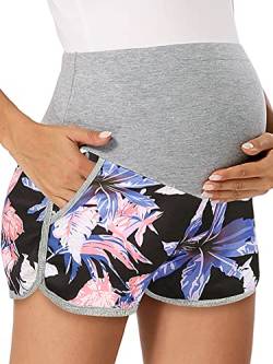 PACBREEZE Damen Schwangerschaftsshorts über Bauch Lounge Pyjama Workout Laufen Casual Sommer Schwangerschaft Shorts, A04: rosa lila Blume, Mittel von PACBREEZE