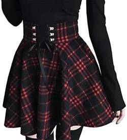 PADOLA Damen Faltenrock A-Linie Gothic Rock Kariert Plaid Rock High Waist Plissee Minirock Schulmädchen Rock Gothic Skirt zum Schnüren (Schwarz Rot Plaid, L) von PADOLA