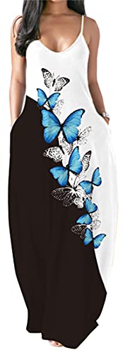 PADOLA Damen Sommerkleid Lang Boho Kleid Ärmellos Maxikleider Chic Casual Strandkleid Blumen Freizeitkleid mit Taschen (1 Blau Schmetterling, L) von PADOLA