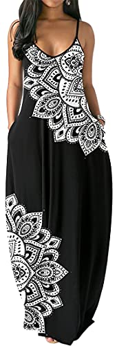 PADOLA Damen Sommerkleid Lang Boho Kleid Ärmellos Maxikleider Chic Casual Strandkleid Blumen Freizeitkleid mit Taschen (3 Weiß Blumen-2, XXL) von PADOLA