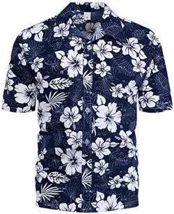 PADOLA Hawaii Hemd Männer Funky Kurzarmhemd Herren Bedruckt Hawaii Hemd Blumen Strandhemd 80er Jahre Outfit Sommer Hemd (Dunkelblau, M) von PADOLA