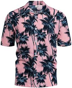 PADOLA Hawaii Hemd Männer Funky Kurzarmhemd Herren Bedruckt Hawaii Hemd Blumen Strandhemd 80er Jahre Outfit Sommer Hemd (Pink, XL) von PADOLA