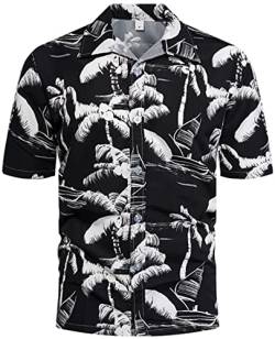 PADOLA Hawaii Hemd Männer Funky Kurzarmhemd Herren Bedruckt Hawaii Hemd Blumen Strandhemd 80er Jahre Outfit Sommer Hemd (Schwarz, 2XL) von PADOLA