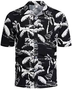 PADOLA Hawaii Hemd Männer Funky Kurzarmhemd Herren Bedruckt Hawaii Hemd Blumen Strandhemd 80er Jahre Outfit Sommer Hemd (Schwarz, XL) von PADOLA